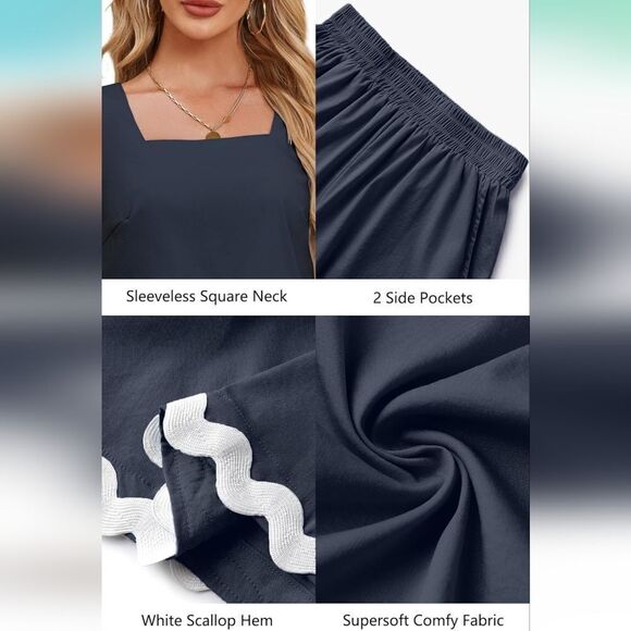 NWT 2 Piece Vacation Beach Outfit Square Neck Cropped Tank Scalloped - Picture 3 of 5